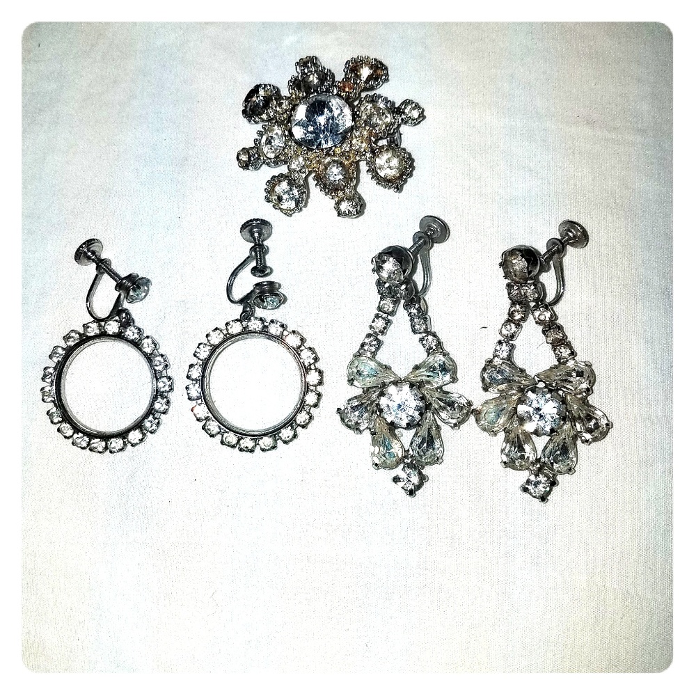 Two pair of CZ diamond earrings and  CZ Brooch